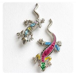 Vintage Style Lizard Gecko Brooch Pin Set Rhinestone Enamel Silver Tone colorful